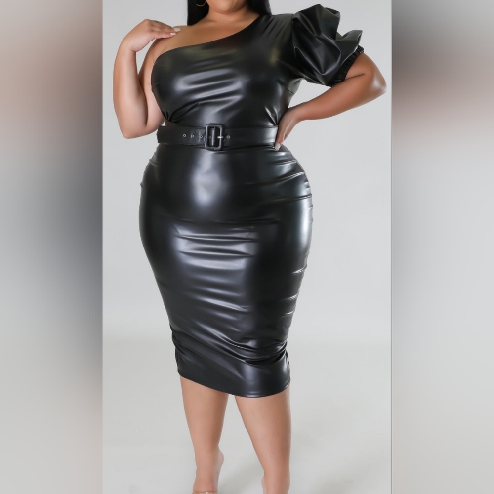 Plus leather faux one shoulder midi dress